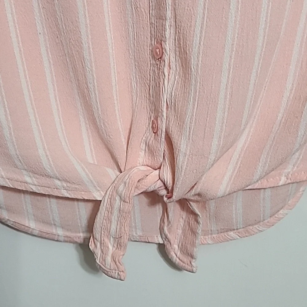 JUSTICE Girls Pink White‎ Striped Button Up Tie at Waist Blouse - Size 12